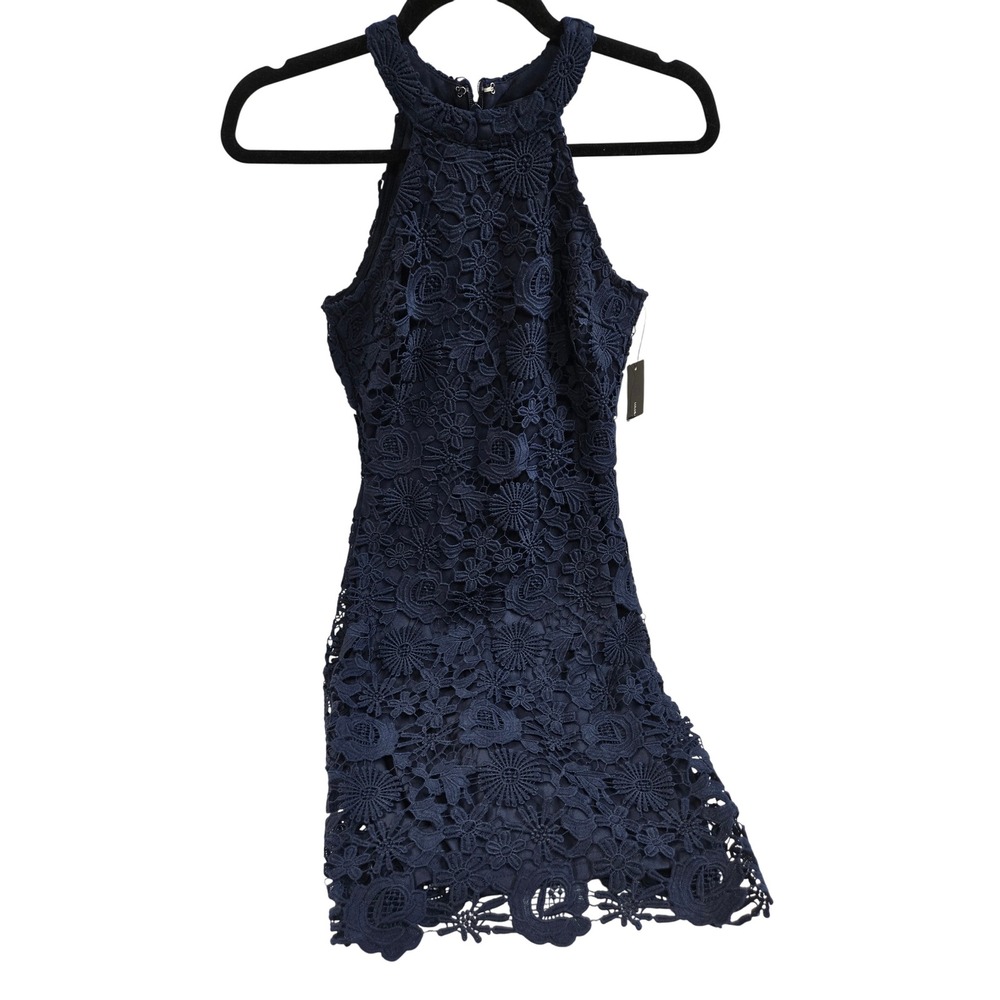 Lulus XS Navy Blue Floral Lace Halter Sleeveless Bodycon Mini Dress NWT